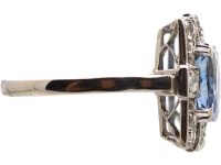 Art Deco French Import 18ct White Gold Rectangular Ring set with a Sapphire & Diamonds