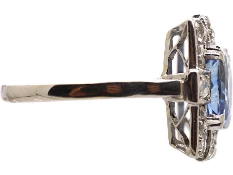 Art Deco French Import 18ct White Gold Rectangular Ring set with a Sapphire & Diamonds
