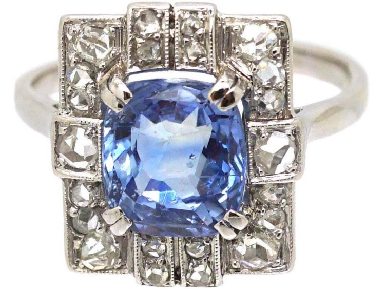 Art Deco French Import 18ct White Gold Rectangular Ring set with a Sapphire & Diamonds