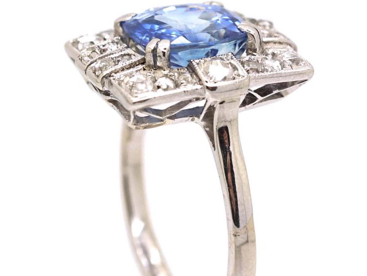 Art Deco French Import 18ct White Gold Rectangular Ring set with a Sapphire & Diamonds