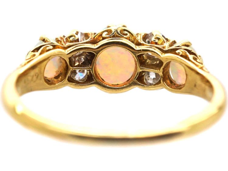 Edwardian 18ct Gold Three Stone Cabochon Opal & Diamond Ring