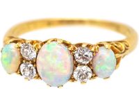 Edwardian 18ct Gold Three Stone Cabochon Opal & Diamond Ring