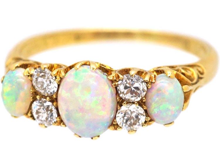 Edwardian 18ct Gold Three Stone Cabochon Opal & Diamond Ring