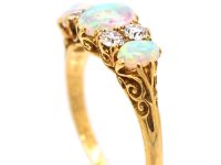 Edwardian 18ct Gold Three Stone Cabochon Opal & Diamond Ring