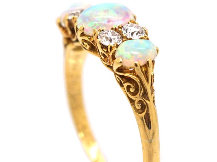 Edwardian 18ct Gold Three Stone Cabochon Opal & Diamond Ring