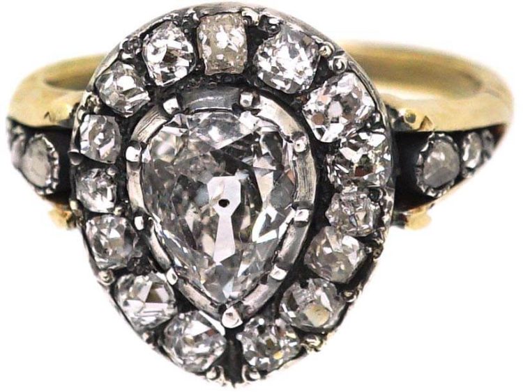Georgian Gold & Silver Pear Shaped Ring set with Diamonds