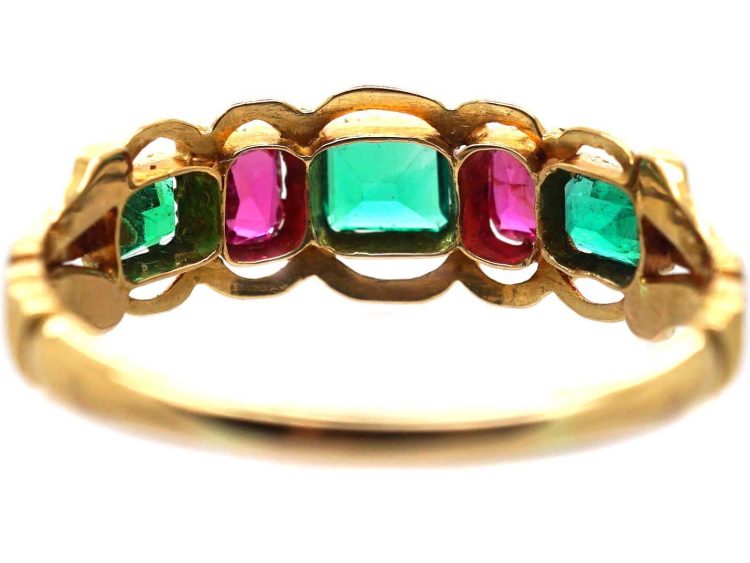 Early Victorian Ornate 15ct Gold Ring set with Rubies & Emeralds