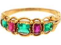 Early Victorian Ornate 15ct Gold Ring set with Rubies & Emeralds