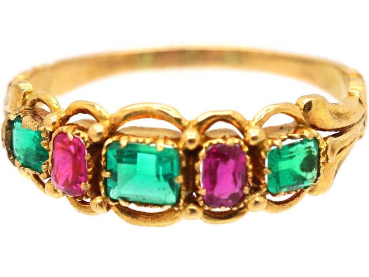 Early Victorian Ornate 15ct Gold Ring set with Rubies & Emeralds