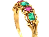 Early Victorian Ornate 15ct Gold Ring set with Rubies & Emeralds
