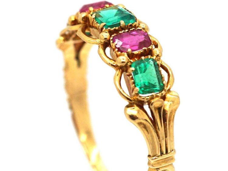 Early Victorian Ornate 15ct Gold Ring set with Rubies & Emeralds