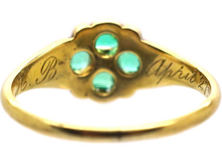 Early Victorian 15ct Gold Cluster Ring set with Four Emeralds & Diamonds