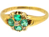 Early Victorian 15ct Gold Cluster Ring set with Four Emeralds & Diamonds