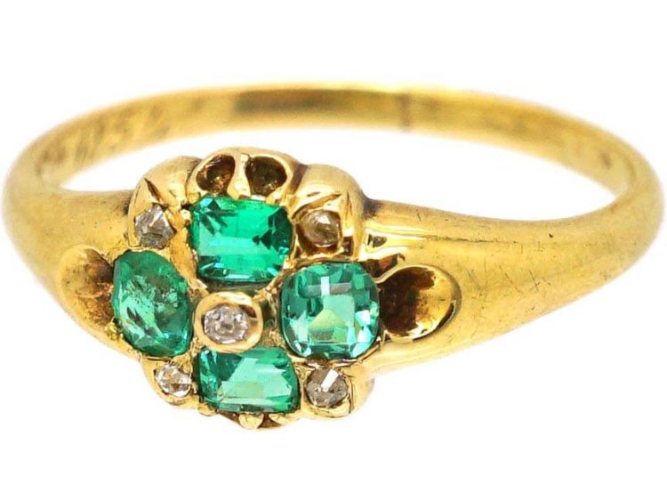 Early Victorian 15ct Gold Cluster Ring set with Four Emeralds & Diamonds