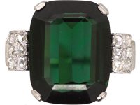 Art Deco 14ct White Gold, Green Tourmaline & Rose Diamond Ring