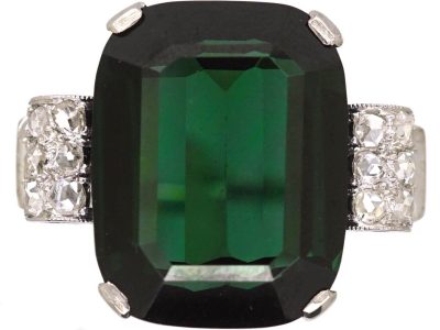 Art Deco 14ct White Gold, Green Tourmaline & Rose Diamond Ring