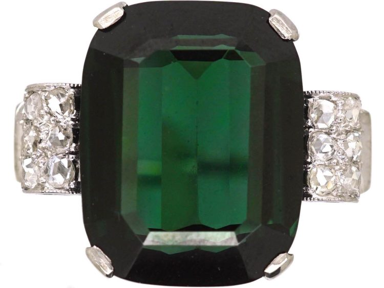 Art Deco 14ct White Gold, Green Tourmaline & Rose Diamond Ring