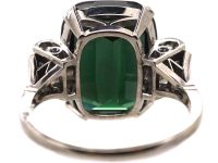 Art Deco 14ct White Gold, Green Tourmaline & Rose Diamond Ring