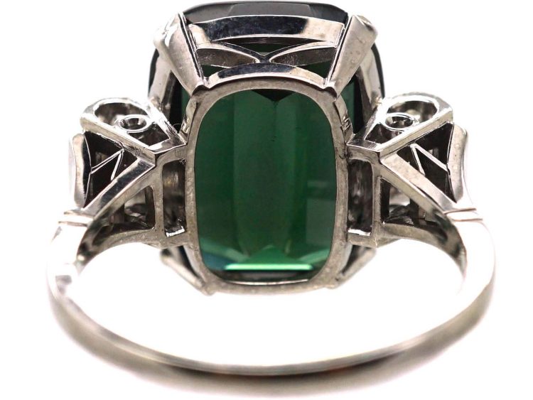 Art Deco 14ct White Gold, Green Tourmaline & Rose Diamond Ring
