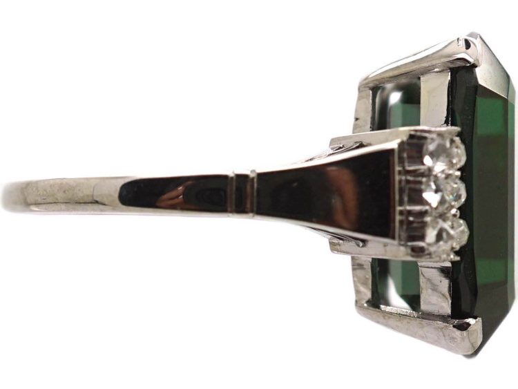 Art Deco 14ct White Gold, Green Tourmaline & Rose Diamond Ring