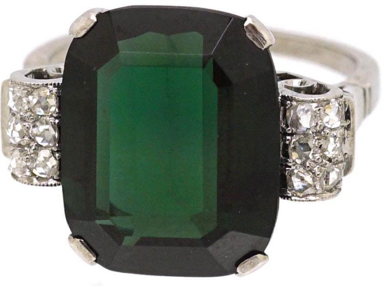 Art Deco 14ct White Gold, Green Tourmaline & Rose Diamond Ring
