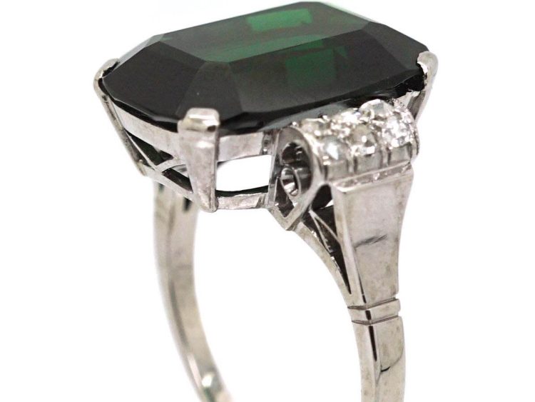 Art Deco 14ct White Gold, Green Tourmaline & Rose Diamond Ring
