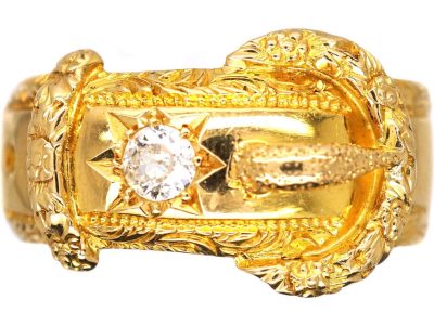 Edwardian 18ct Gold Ornate Buckle Ring set with a Diamond