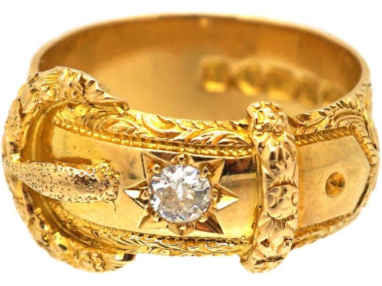 Edwardian 18ct Gold Ornate Buckle Ring set with a Diamond