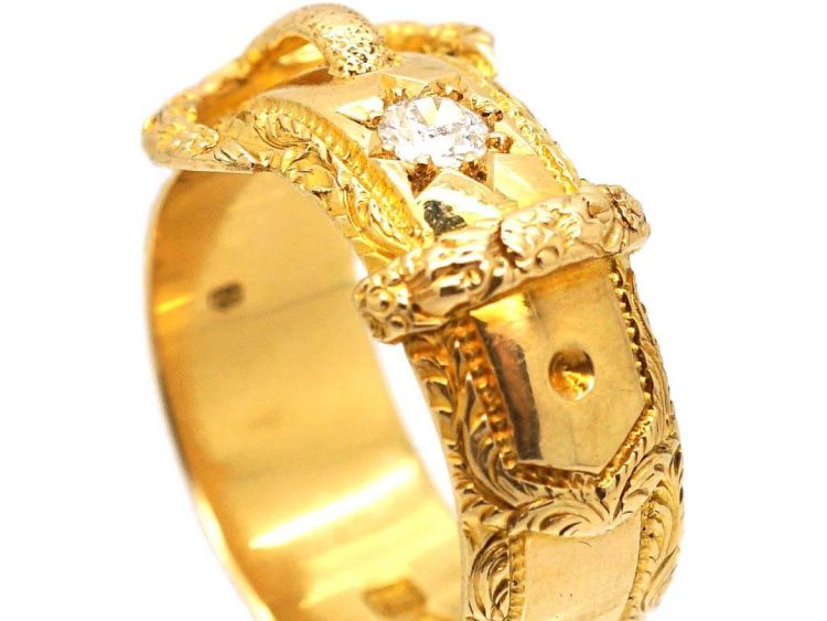 Edwardian 18ct Gold Ornate Buckle Ring set with a Diamond