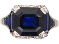 Art Deco French Platinum Sapphire & Diamond Ring with Baguette Cut Sapphires in the Shoulders