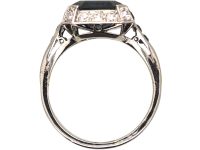 Art Deco French Platinum Sapphire & Diamond Ring with Baguette Cut Sapphires in the Shoulders