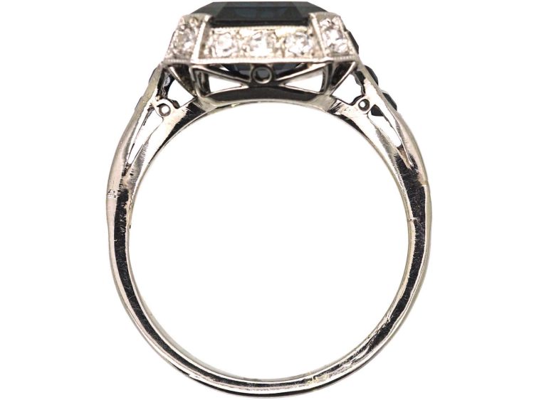 Art Deco French Platinum Sapphire & Diamond Ring with Baguette Cut Sapphires in the Shoulders