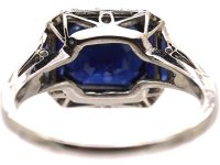 Art Deco French Platinum Sapphire & Diamond Ring with Baguette Cut Sapphires in the Shoulders