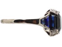 Art Deco French Platinum Sapphire & Diamond Ring with Baguette Cut Sapphires in the Shoulders
