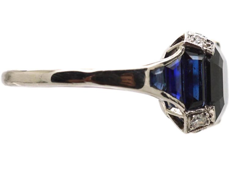 Art Deco French Platinum Sapphire & Diamond Ring with Baguette Cut Sapphires in the Shoulders