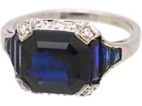 Art Deco French Platinum Sapphire & Diamond Ring with Baguette Cut Sapphires in the Shoulders