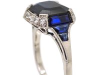 Art Deco French Platinum Sapphire & Diamond Ring with Baguette Cut Sapphires in the Shoulders