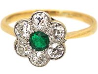 Edwardian 18ct Gold & Platinum, Emerald & Diamond Cluster Ring