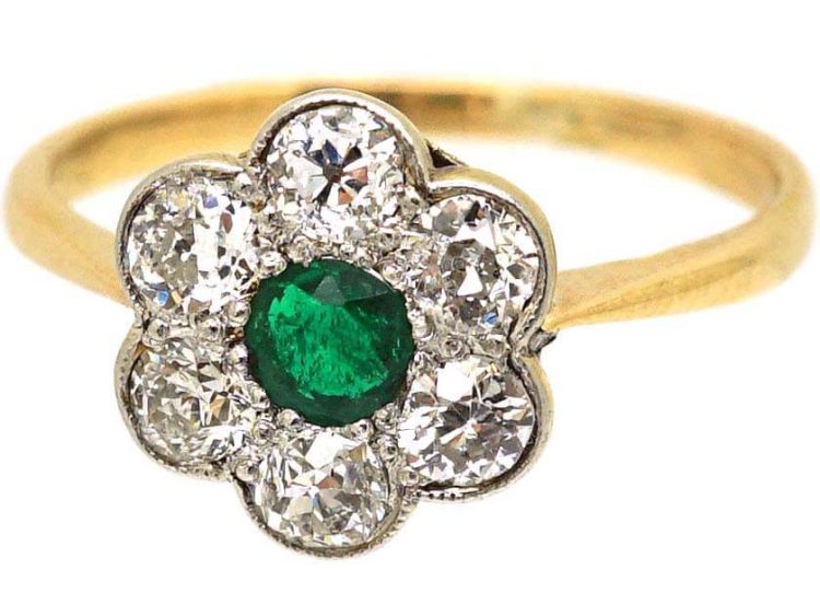 Edwardian 18ct Gold & Platinum, Emerald & Diamond Cluster Ring