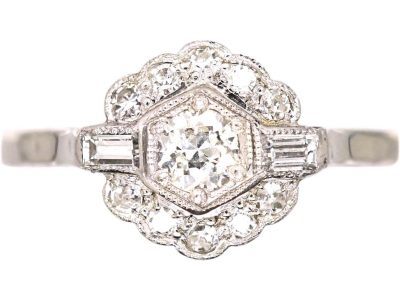 Art Deco 18ct White Gold Cluster Ring with Round & Baguette Cut Diamonds