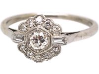 Art Deco 18ct White Gold Cluster Ring with Round & Baguette Cut Diamonds