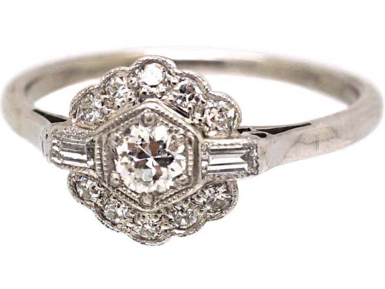 Art Deco 18ct White Gold Cluster Ring with Round & Baguette Cut Diamonds