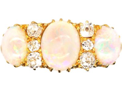 Edwardian 18ct Gold Three Stone Cabochon Opal & Diamond Ring by Deakin & Francis