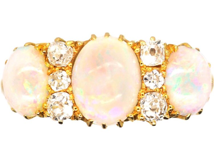 Edwardian 18ct Gold Three Stone Cabochon Opal & Diamond Ring by Deakin & Francis