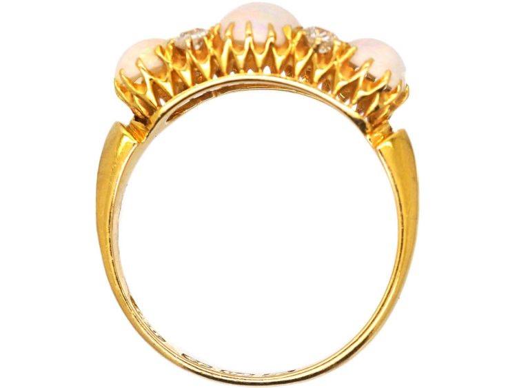 Edwardian 18ct Gold Three Stone Cabochon Opal & Diamond Ring by Deakin & Francis