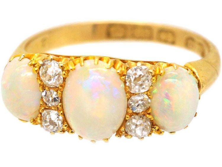 Edwardian 18ct Gold Three Stone Cabochon Opal & Diamond Ring by Deakin & Francis