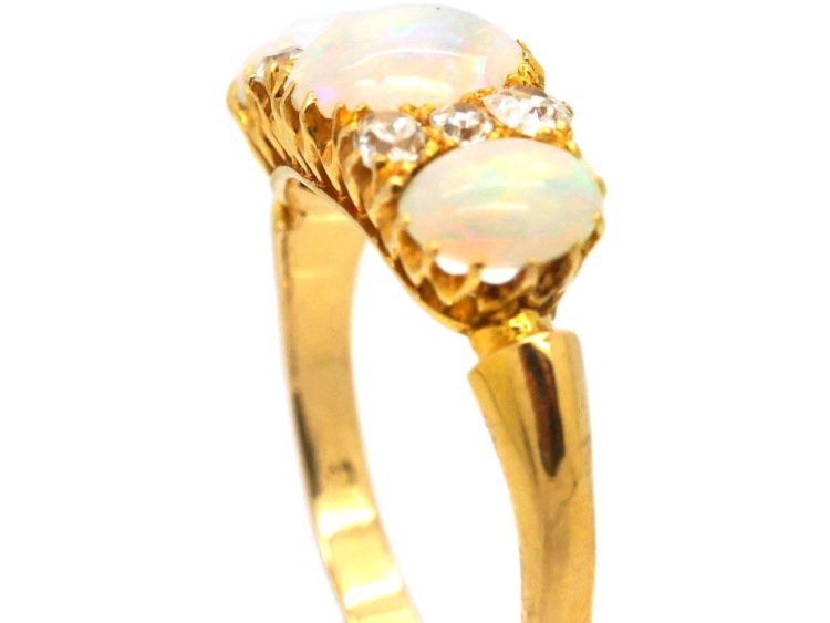 Edwardian 18ct Gold Three Stone Cabochon Opal & Diamond Ring by Deakin & Francis