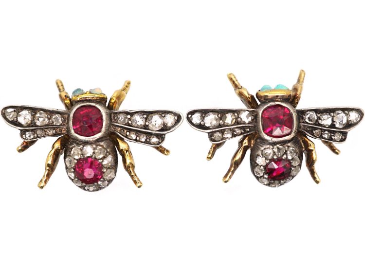 Victorian 15ct Gold & Silver, Ruby & Rose Diamond Bee Earrings with Opal Eyes