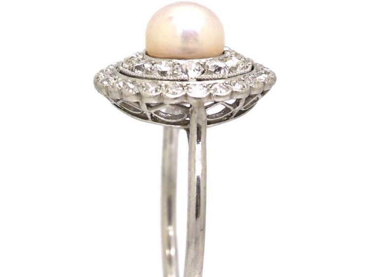 Early 20th Century Platinum Cluster Ring set with a Bouton Pearl & Diamonds