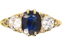 Edwardian 18ct Gold, Sapphire & Diamond Three Stone Carved Half Hoop Ring